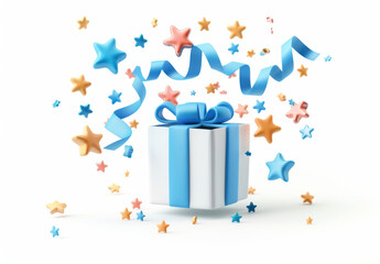 Gift box with flying blue ribbons and stars