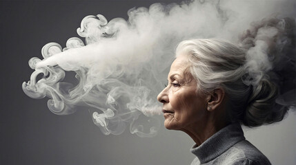 Senior retired woman with smoke over her head. Dementia and Alzheimer's disease. Mental health, and depression of elderly people