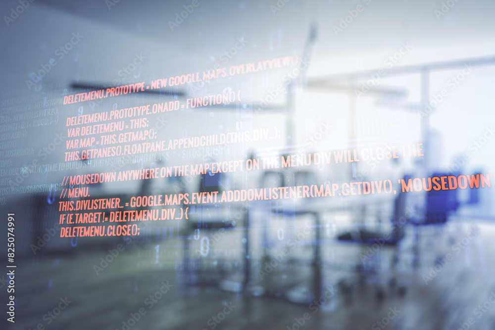 Aufkleber multi exposure of abstract software development hologram on modern corporate office background, rese