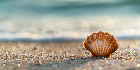 Scallop shell on the sand beach against blurred ocean background.