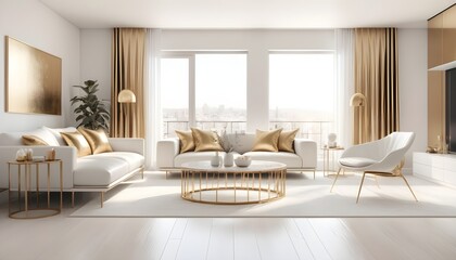 white and gold theme interior modern minimalism photo realism