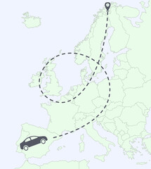 Travel by car across Europe through Portugal, Spain, France, Switzerland, Italy, Norway, Finland, Sweden. The map of Europe shows the route of travel through the countries of the European Union. 