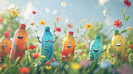 Cheerful Plastic Bottle Characters Promoting Eco Friendly Recycling for Children