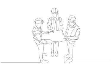 Continuous one line drawing of female construction manager discussing construction blueprint with two foremen, construction-related business concept, single line art.