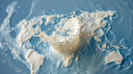 A splash of milk on a blue background with the continents of the world. The splash is in the middle of the image and is surrounded by the continents
