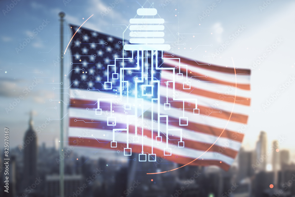 Poster virtual creative light bulb with chip hologram on us flag and city background, artificial intelligen