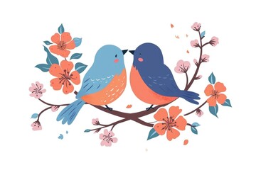 Two birds are sitting on a branch with pink flowers in the background. The birds are looking at each other with their beaks open