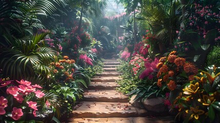 lush botanical garden, alive with vibrant colors and fragrances