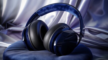 A pair of high-end headphones in a glossy navy blue finish resting on a soft blue velvet cushion,...