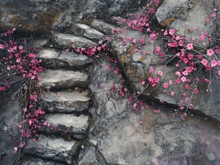 A painting of pink flowers growing on a rock wall with a staircase in the background. The flowers are in full bloom and the painting has a serene and peaceful mood