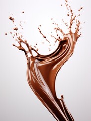 A chocolate splash is shown in a white background. The splash is very dynamic and he is in motion. Scene is playful and fun