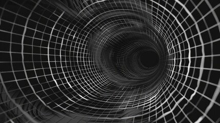 Tunnel or wormhole. Wireframe 3D surface tunnel grid.