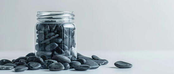 Clear glass jar with dark stones, placed on a white background to emphasize contrast