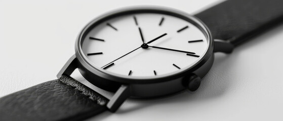 Closeup of a minimalist watch with a plain face and simple black leather strap