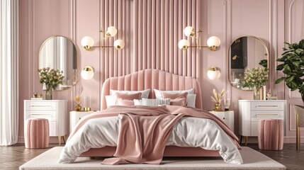 A pink bedroom with a bed, dresser, and a mirror. The bed is covered in a pink comforter and pillows. The room has a pink color scheme and is decorated with flowers - Powered by Adobe