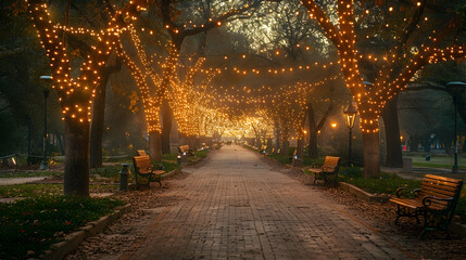  A dawn scene of a quiet park with trees adorned with Diwali lights, creating a peaceful and magical atmosphere