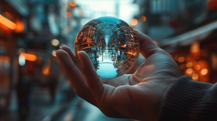 Fototapeta premium A hand holding a glass ball with a reflection of the city in it. The image has a dreamy, surreal quality to it, as if the city is floating in the air