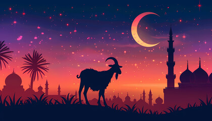 eid al adha banner illustration, silhouette of goat with mosque at night