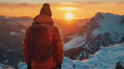 A person wearing a red jacket and a black backpack is standing on a snowy mountain peak, looking at the sun. Concept of adventure and exploration - Powered by Adobe