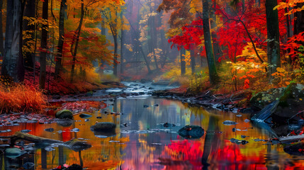 Tranquil Autumn Forest with Colorful Leaves and Flowing Stream Reflecting Nature's Annual Cycle