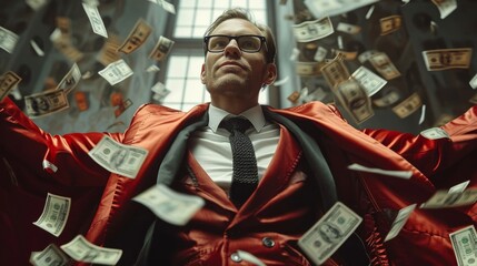 Super business man wears black suits and red robes with super heroes winner concept on a lot of money dollars background and riches. Investors receive a lot of profits. Generative AI.