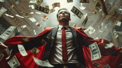 Super business man wears black suits and red robes with super heroes winner concept on a lot of money dollars background and riches. Investors receive a lot of profits. Generative AI.