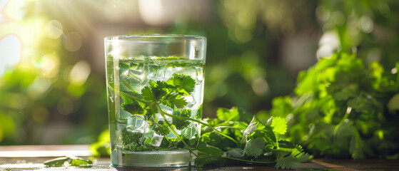 Fresh coriander leaves in a glass of water
