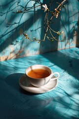 A white cup of tea sits on a saucer on a blue table. Concept of calm and relaxation