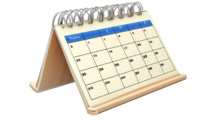 A desk calendar sits on a wooden stand, displaying the current month and dates