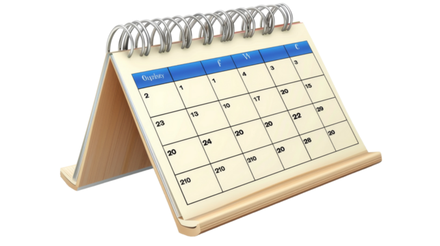 A desk calendar sits on a wooden stand, displaying the current month and dates