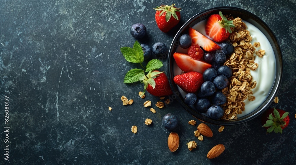 Wall mural a bowl of fruit and granola on a dark background. the bowl is filled with blueberries, strawberries,