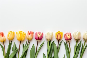 A row of flowers with yellow, pink, and white petals. The flowers are arranged in a line, with some overlapping and others standing upright. Scene is one of beauty and serenity