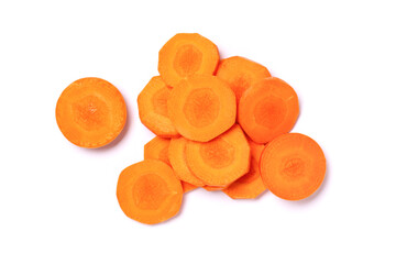 Fresh carrot slices isolated on white background, top view, flat lay.