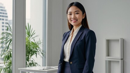 Young Asian woman, professional entrepreneur standing in office clothing, smiling and looking confident background