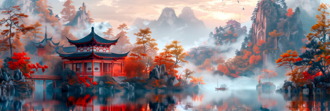 Paysage de montagnes avec des pagodes et brume style aquarelle