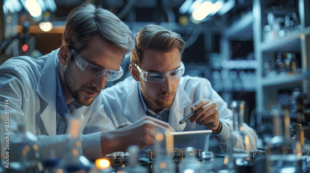 Aufkleber Two young men, analyzing a gleaming silver large capacitor in electronic lab, making notes on a digital tablet, tools and schematics in the background. Generative AI.