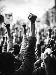 A crowd of people are holding up their hands in the air, with some of them having their hands on their hips. Concept of unity and solidarity among the people