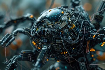 Fototapeta premium close-up view of a hyperdetailed fantasy futuristic robot in abstract space