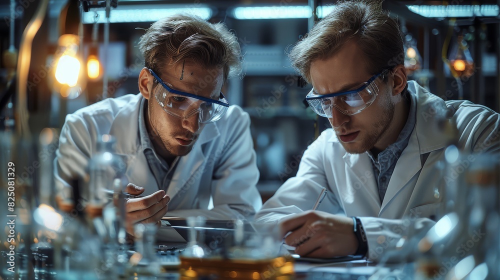 Poster two young men, analyzing a gleaming silver large capacitor in electronic lab, making notes on a digi