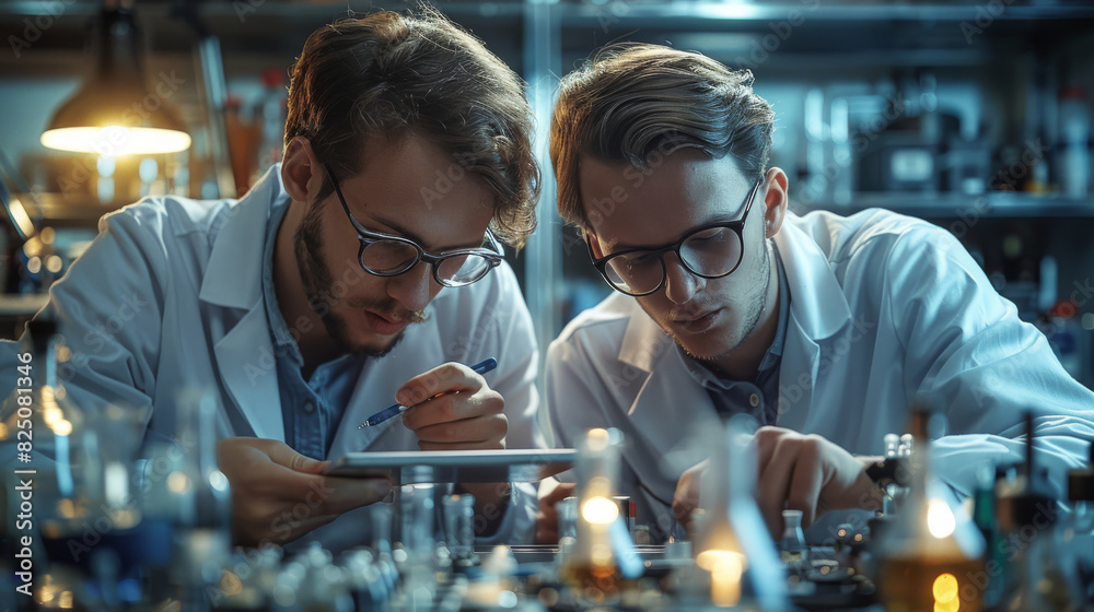 Poster Two young men, analyzing a gleaming silver large capacitor in electronic lab, making notes on a digital tablet, tools and schematics in the background. Generative AI.