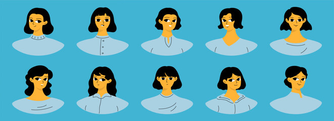 Obraz premium Set of female user portraits. Collection of varios young women faces. Isolated flat vector in simple cartoon style.
