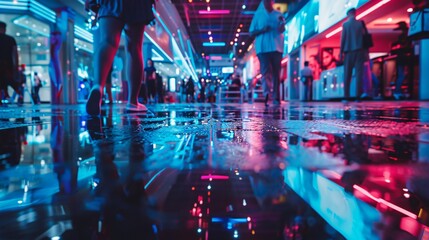  a wet city street at night, lit up by red and blue neon lights,