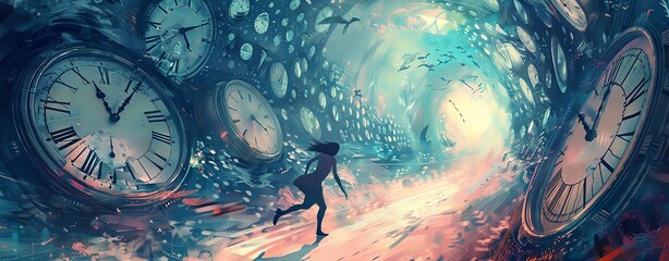 A person running through an endless tunnel of clocks, each clock displaying different times and places. The atmosphere is dreamy with soft pastel colors. The surrealistic style is depicted with vibran