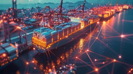 Row colorful shipping containers dock glowing lines connecting world map global trade route dusk. Generative AI.