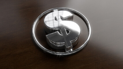 3D rendering - Silver Chrome Dollar symbol shining on dark wood background