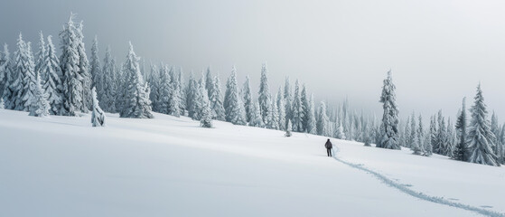 A person is walking through the snow in a forest
