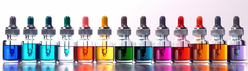 Droppers and liquid medications, various colors, medical equipment, clinical setting, close-up, glass bottles sterile filled with various colored liquids in a laboratory