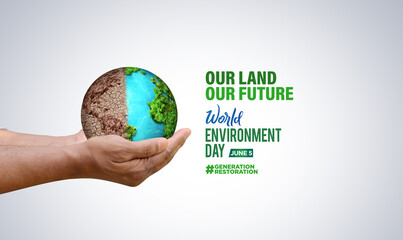 World Environment Day 2024 concept - Land restoration, desertification and drought resilience, 3d tree background. Ecology concept. We are #GenerationRestoration