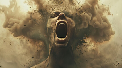 A person head exploding while he is screaming to represent anger