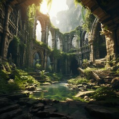 Fototapeta premium A lush jungle overtakes a forgotten, ruined temple, sunlight peeking through the overgrown arches.